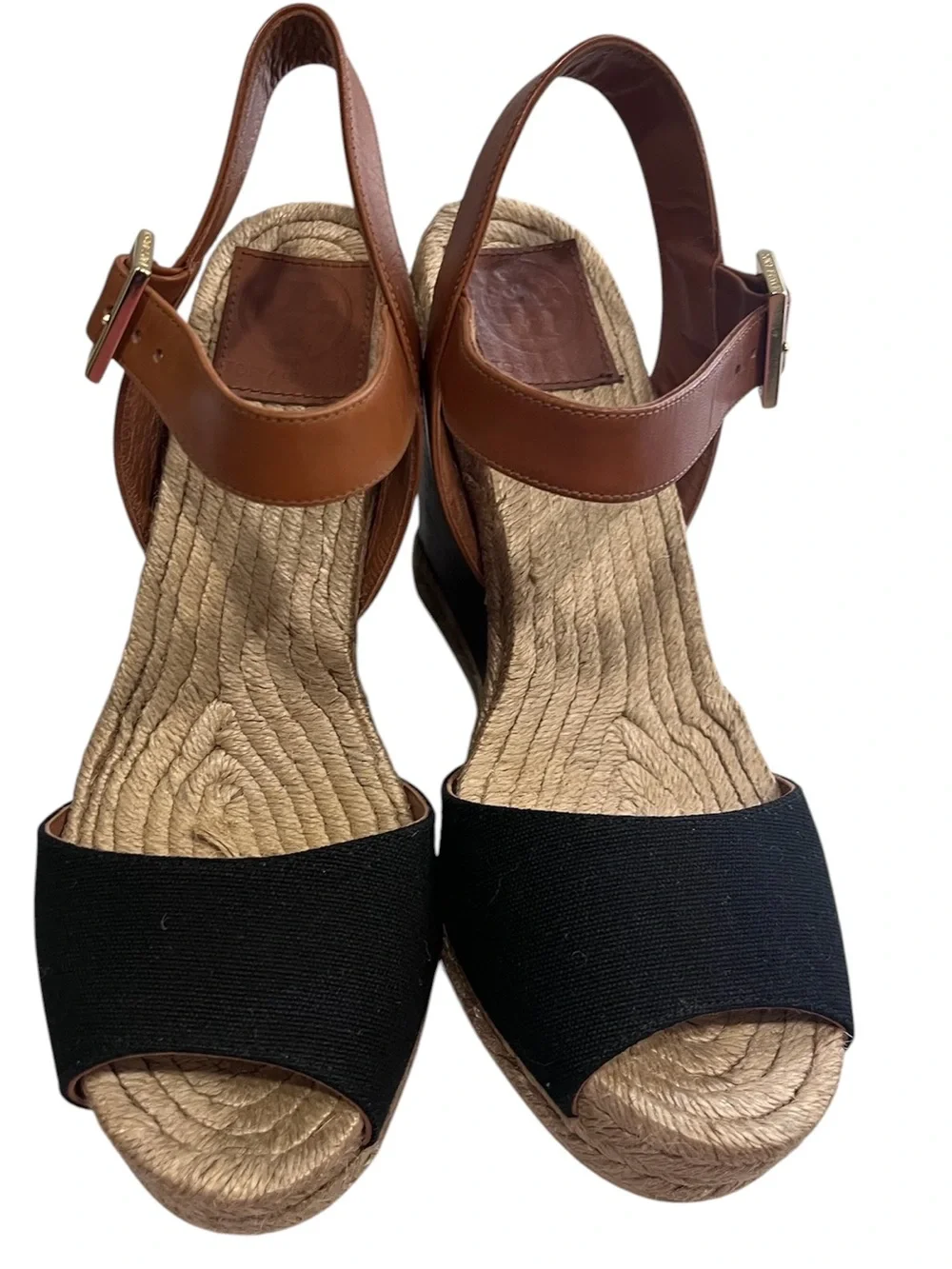 Tory Burch Bima Black Canvas dark brown Wedge Sandals Size 8
